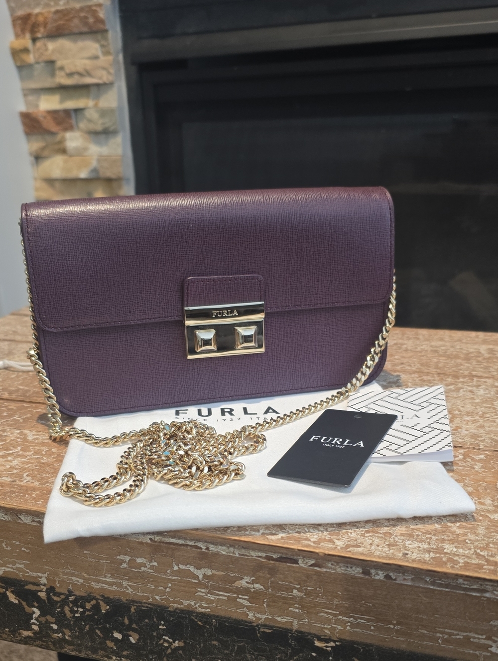 NEW- Furla Purple Saffiano Leather Crossbody Bag with Gold Chain